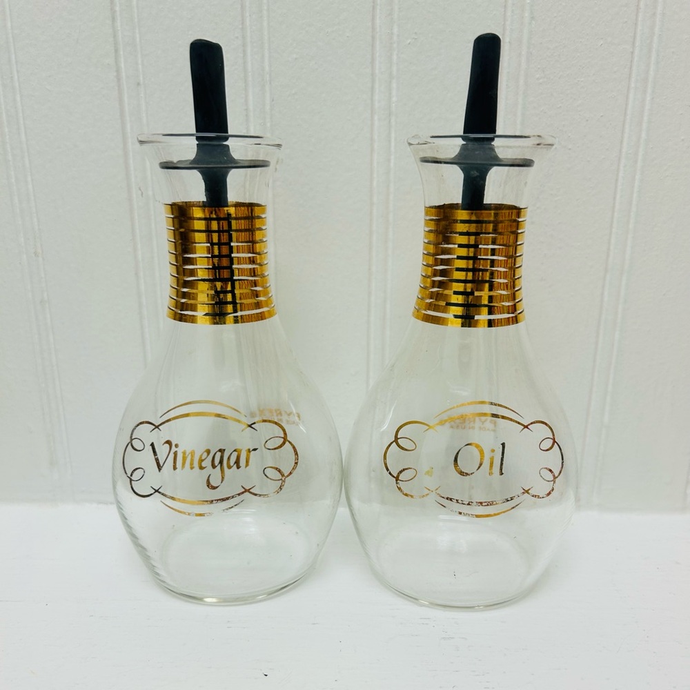 SOLD!! Pyrex Clear Glass Oil and Vinegar Cruet Set with Gold Accents
